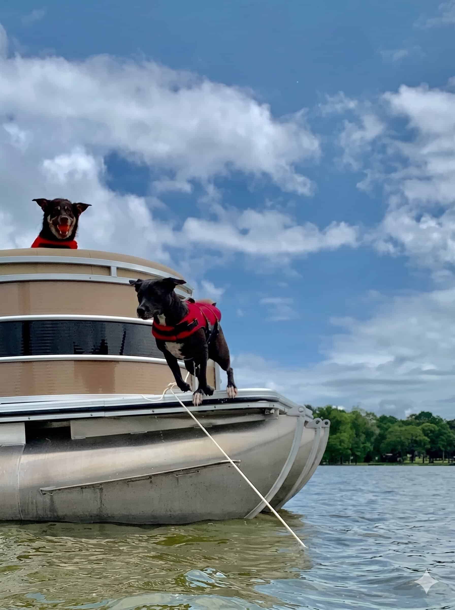 A dog jumping off a boat into the water during focus dog training session.